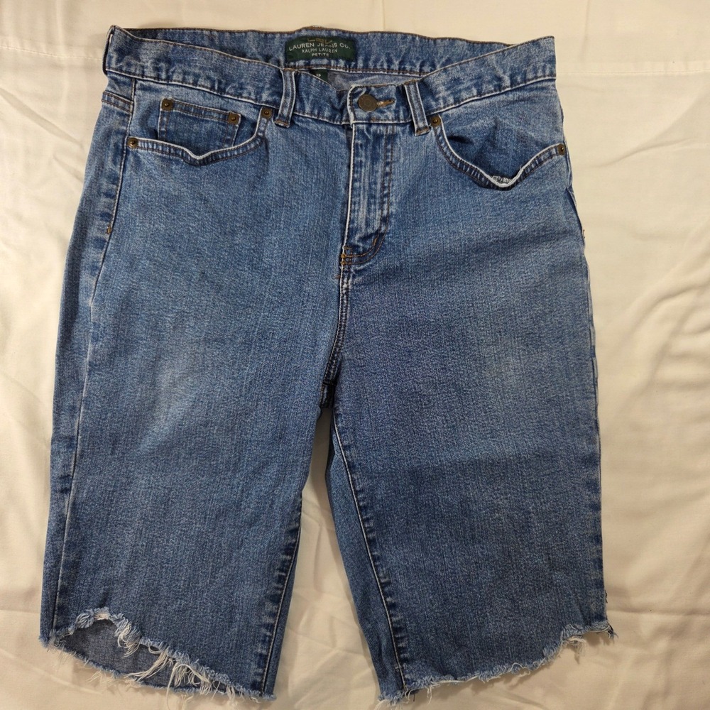 Lauren Ralph Lauren Denim Shorts Womens 8P Blue Frayed Hem Bermuda Jean Shorts